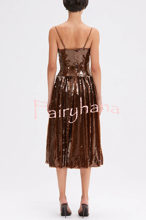 Enchanted Night Sequin Low-cut Corset Balloon Hem Slip Midi Dress
