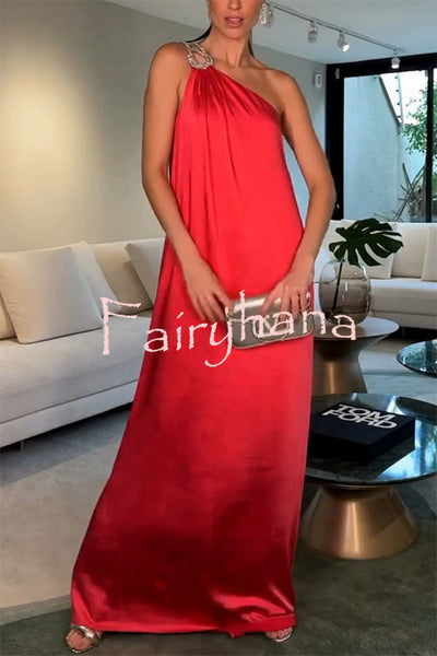 Charming Glance Satin Metal Hardware One Shoulder Loose Maxi Dress