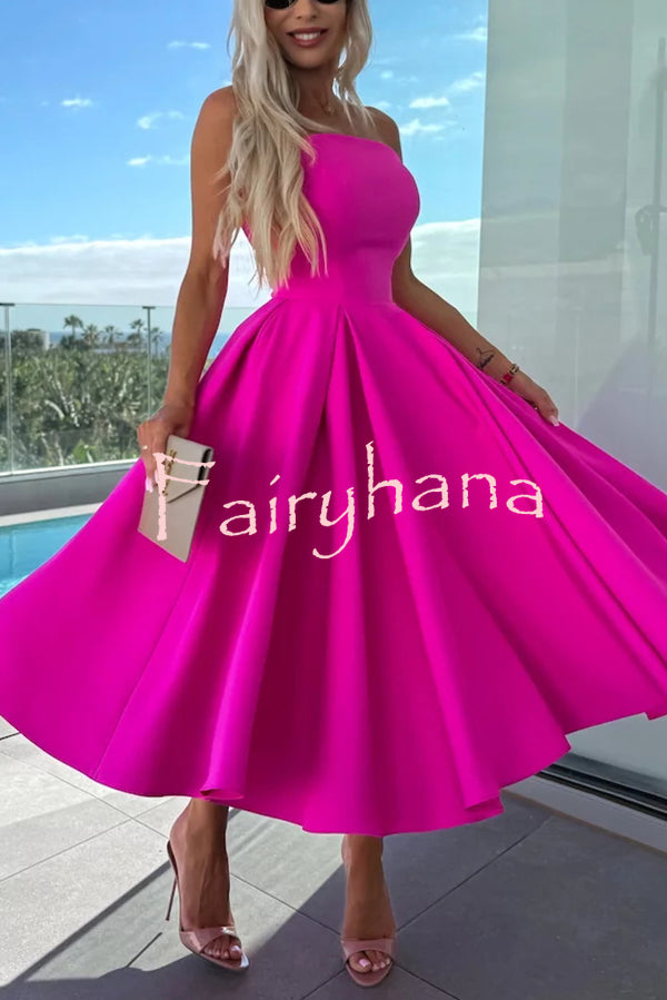 Sweet Cascade Solid Color Off Shoulder Pocket Full Hem Midi Dress