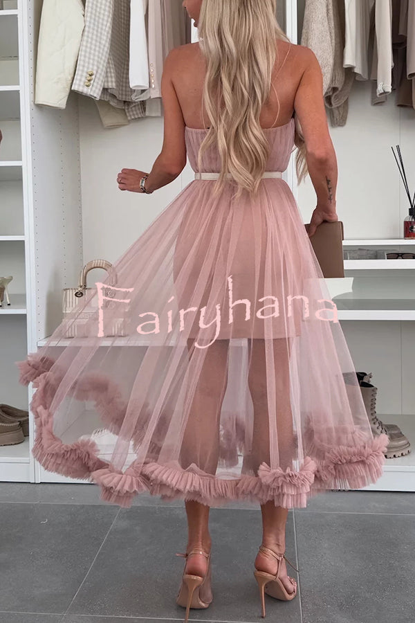Fairytale Charm Tulle Off Shoulder Ruffles Trim A-line Midi Dress
