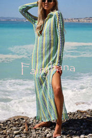 Eleanor Knit Colorful Wave Unique Print Shirt U-neck Long Sleeve Slit Maxi Dress