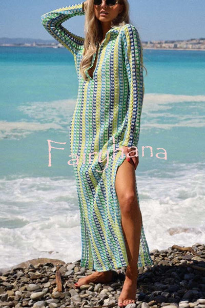 Eleanor Knit Colorful Wave Unique Print Shirt U-neck Long Sleeve Slit Maxi Dress