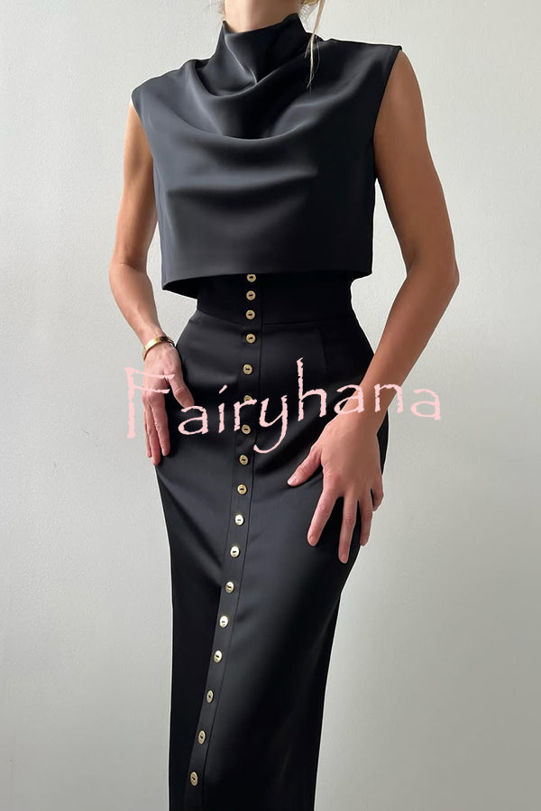 Solid Color Casual Sleeveless Crop Top and Elegant Button-down Maxi Skirt Set