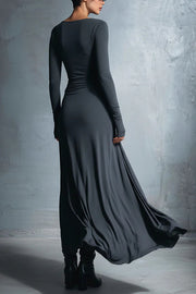 Solid Color Long-sleeved Slim-fit Knot Decoration Maxi Dress