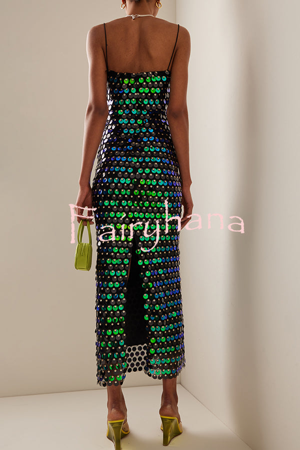 Sexy Sequined Halter-neck Backless Slim Fit Slit Midi Dress