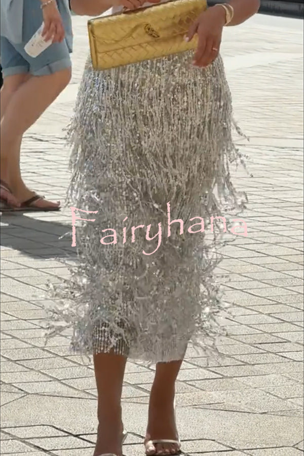 Evening Charm Layered Sequined Tassels High Rise Back Zipper Slit Midi Skirt