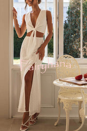 Solid Color Hollow Embroidery V-neck Lace-up Top and Slit Maxi Skirt Set