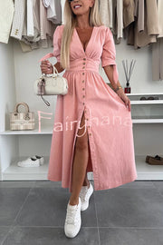 Solid Color V-neck Button-down Denim Midi Dress
