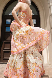 Charming Smile Floral Print Scalloped Lace-trim Back Tie-up Tiered Maxi Dress