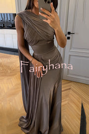 Solid Color Satin Sleeveless Waist Elegant Pleated Ribbon Maxi Dress