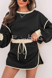 Fashion Round Neck Long Sleeve Spliced Casual Top and Elastic Waist Loose Shorts Set