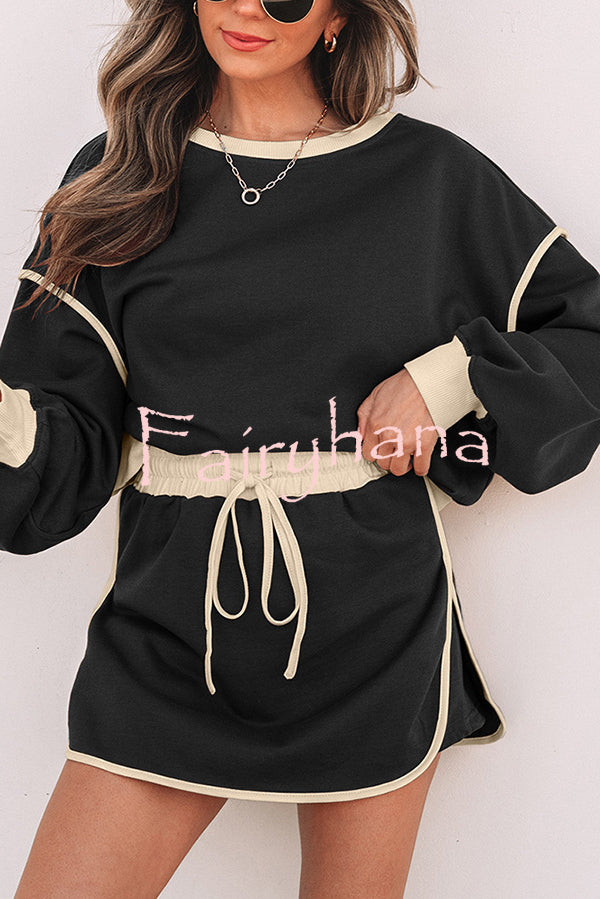 Fashion Round Neck Long Sleeve Spliced Casual Top and Elastic Waist Loose Shorts Set