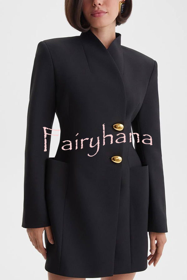 Kayleen Stand V-neck Decorative Metal Button Long Sleeve Pocket Blazer Mini Dress