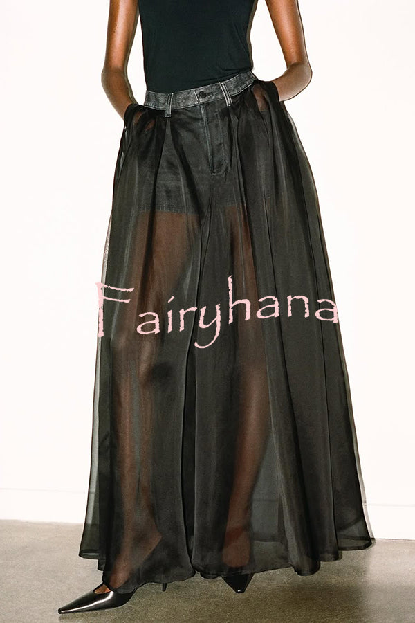 Avant-garde Fashion Denim Flowing Organza Patchwork Pocketed Wide Leg Jeans