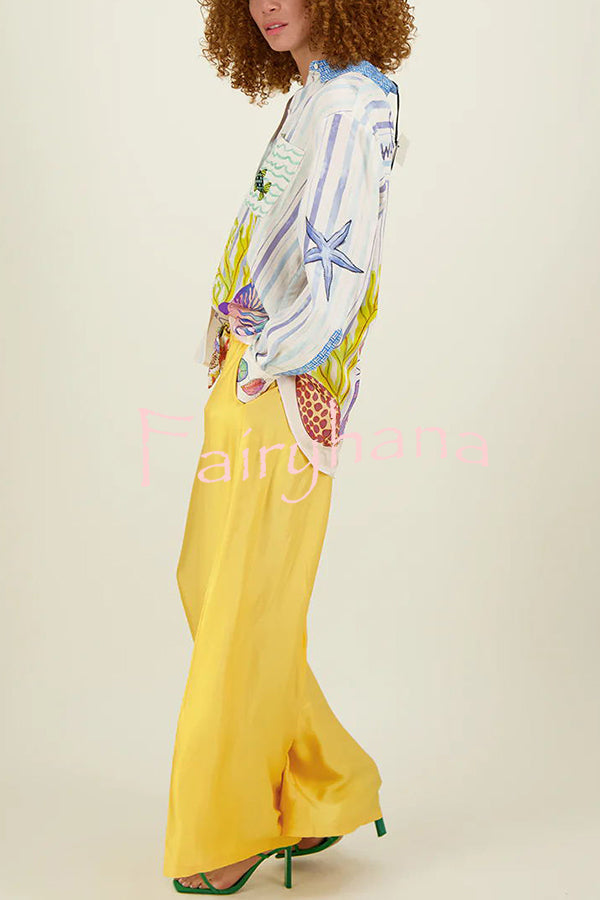 Dream Ocean Satin Unique Print Button Down Pocket Oversized Blouse