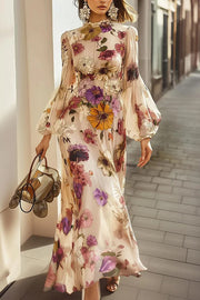 Floral Print Elegant Long Sleeve Fitted Ruffle Maxi Dress