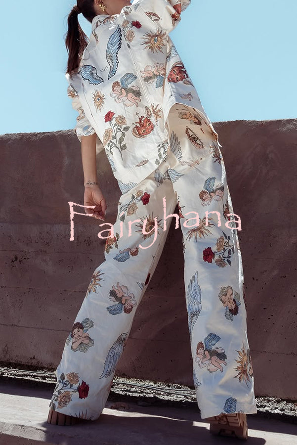 Angel Wings Denim Unique Print Button Up Long Sleeve Pocketed Relaxed Jacket