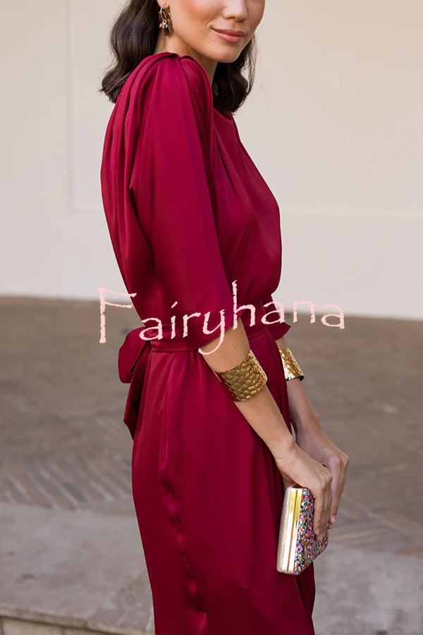 Satin Solid Color Round Neck Half Sleeve Waist Midi Dress