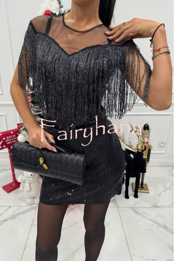 Glistening and Gorgeous Sequin Mesh Tassels Cape Sleeve Mini Dress