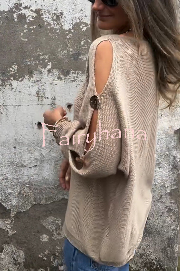 Solid Color Round Neck Hollow Long Sleeve Loose Knitted Sweater
