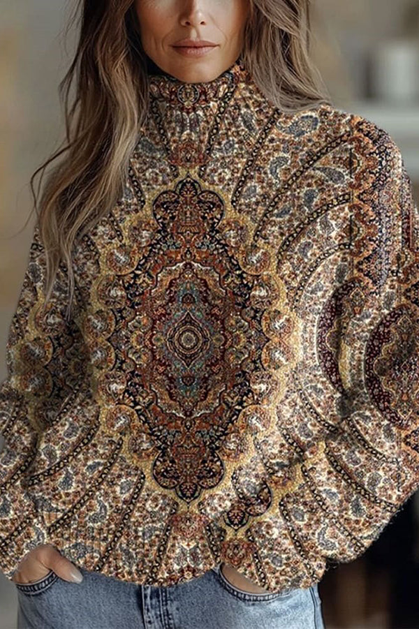 Floral Pattern High-Neck Long-Sleeved Loose Sweatshirt