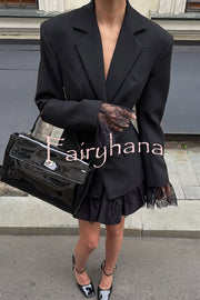 Solid Color Lace Panel Long Sleeve Button Elegant Blazer