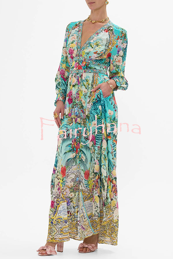 Fairy Tale Print V-Neck Lantern Sleeve Waist Maxi Dress