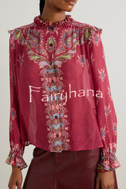 Unique Printed Chiffon Long-sleeved Loose Shirt and Elegant Ruffled Maxi Skirt Set