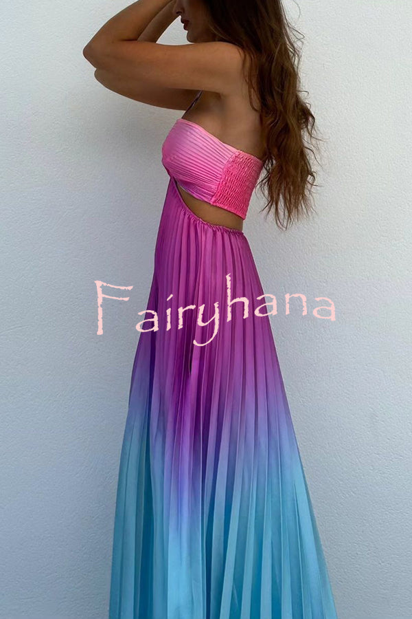 Get Ready Beautiful Gradient Print Cutout Halterneck Pleated Maxi Dress