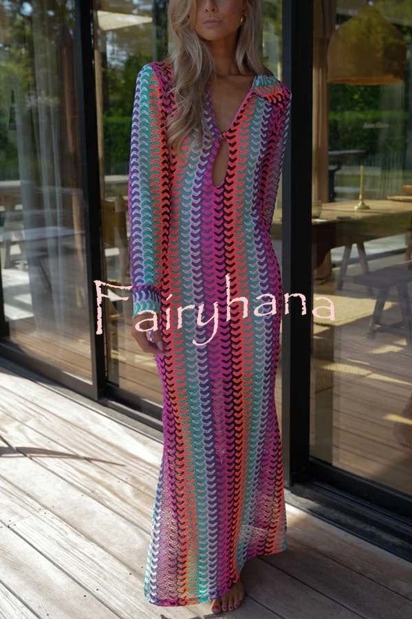 Eleanor Knit Colorful Wave Unique Print Shirt U-neck Long Sleeve Slit Maxi Dress