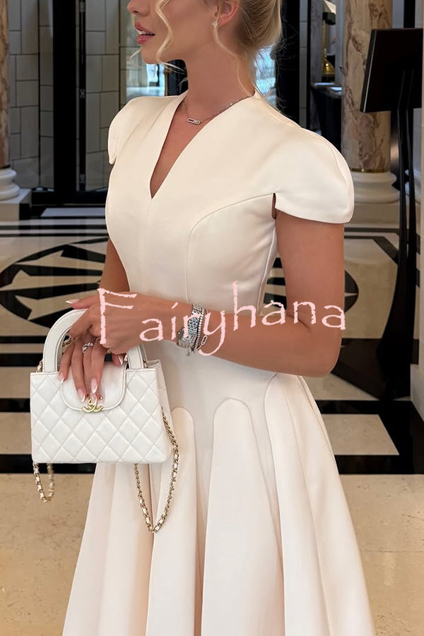 Solid Color V-neck Waist Elegant Full Hem Maxi Dress