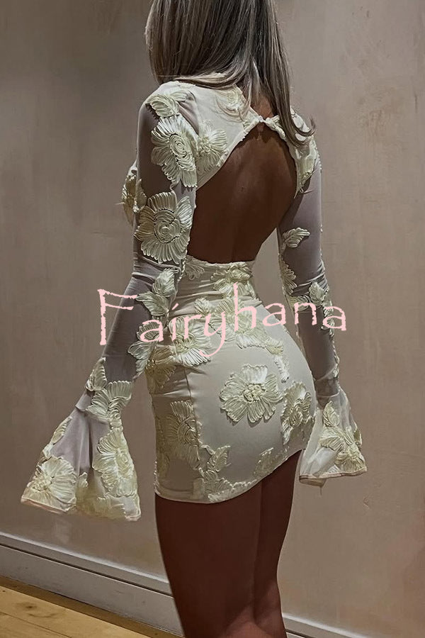 Floral Embroidery Round Neck Long Sleeve Sexy Slim Fit Mini Dress