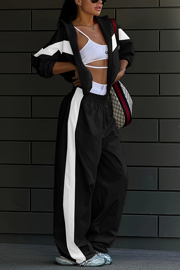 Fashionable Contrasting Long-sleeved Loose Coat and Elastic Waist Wide-leg Pants Set