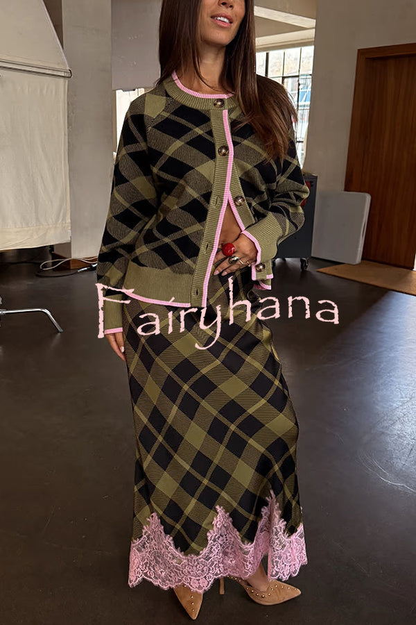 Holiday plaid Satin Unique Print Patchwork Lace Stretch Waist Draped Maxi Skirt