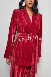 Solid Color Velvet Long-sleeved Waist Tie Top and Elastic Waist Casual Pocket Straight-leg Pants Set