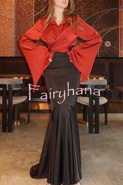 Jenny Satin High Rise Elastic Waist Flare Maxi Skirt