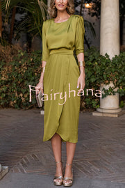 Satin Solid Color Round Neck Half Sleeve Waist Midi Dress