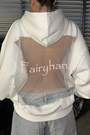 Fashionable Shiny Mesh Hollow Back Loose Long-sleeved Hooded Sweatshirt