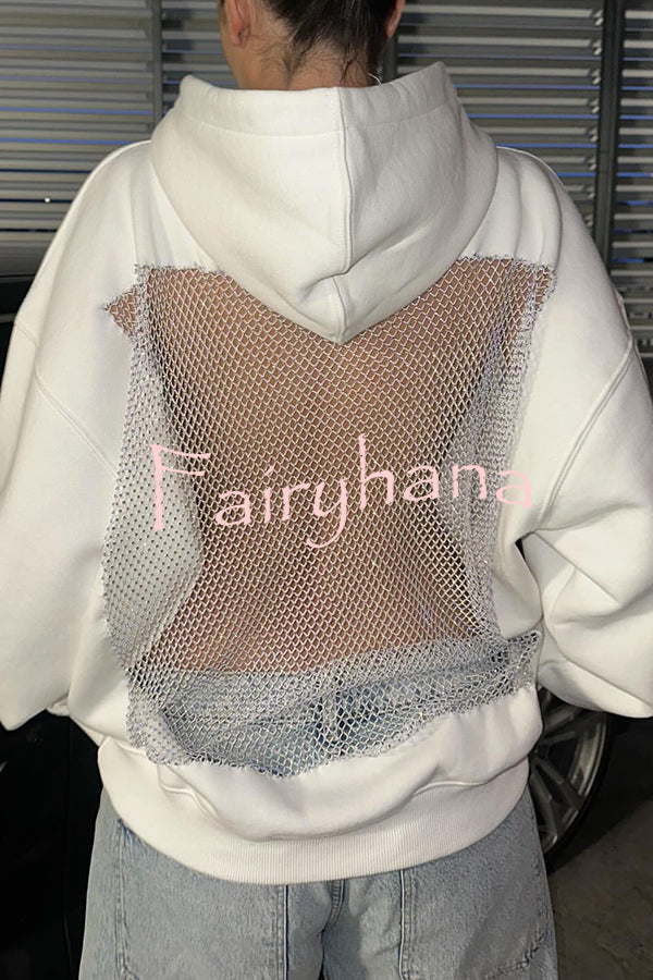 Fashionable Shiny Mesh Hollow Back Loose Long-sleeved Hooded Sweatshirt