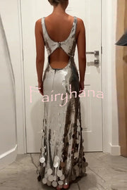 Party Tips Sequin Irregular Round Tassels Hem Back Cutout Tank Maxi Dress