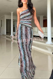 Cocktails and Vacation Knit Colorful Zigzag Pattern One Shoulder Slit Maxi Dress