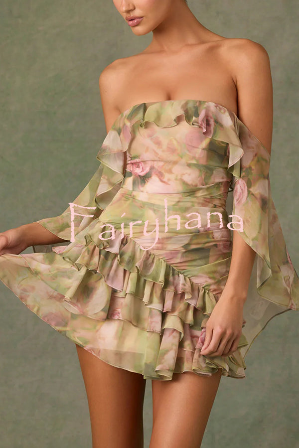 Chiffon Floral Print Elegant Multi-Layered Ruffle Mini Dress