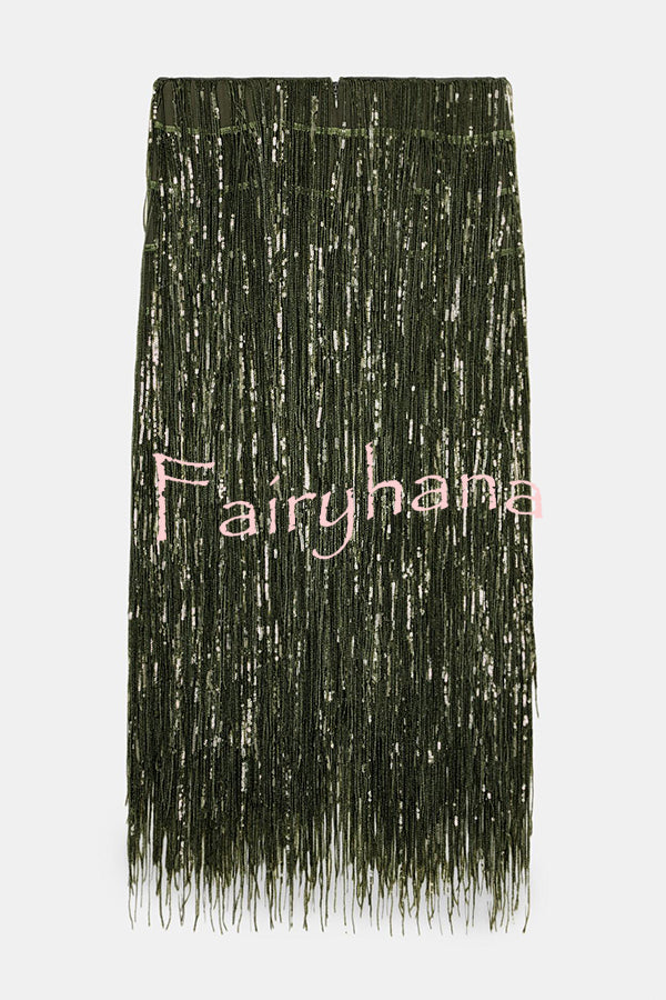 Party Crasher Layered Sequined Tassels High Rise Back Zipper Midi Skirt