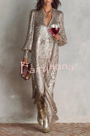 Minimalist Sparkling Sequin V-neck Long Balloon Sleeve Slit Party Maxi Dress