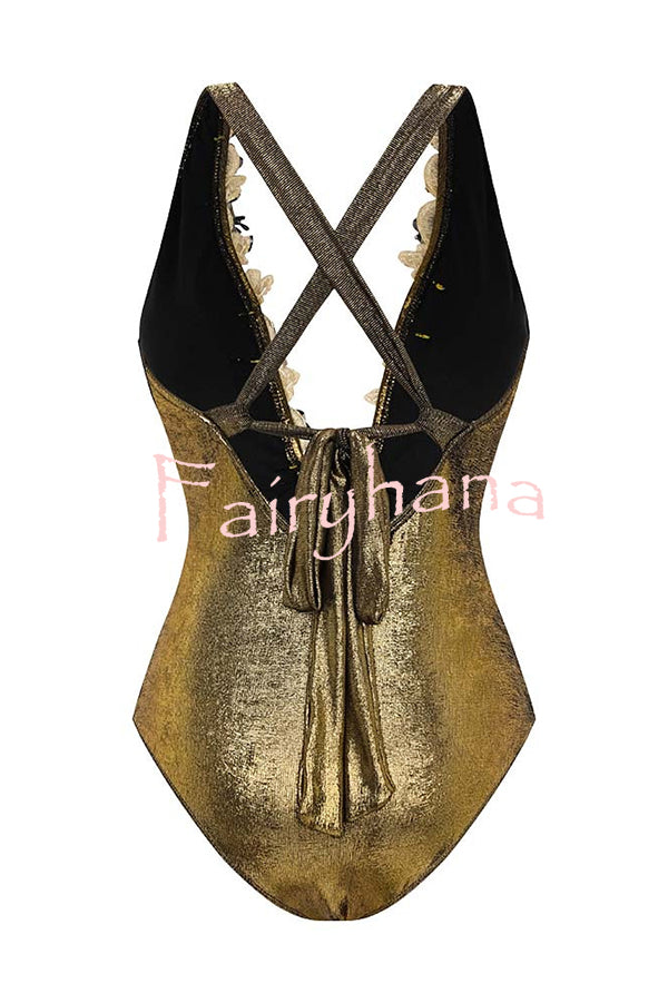 Solid Color Shiny Fabric Deep V Metal Embellished Stretch One-piece Swimsuit