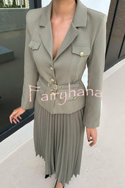 Solid Color Lapel Button Belt Blazer and Pleated Casual Maxi Skirt Set