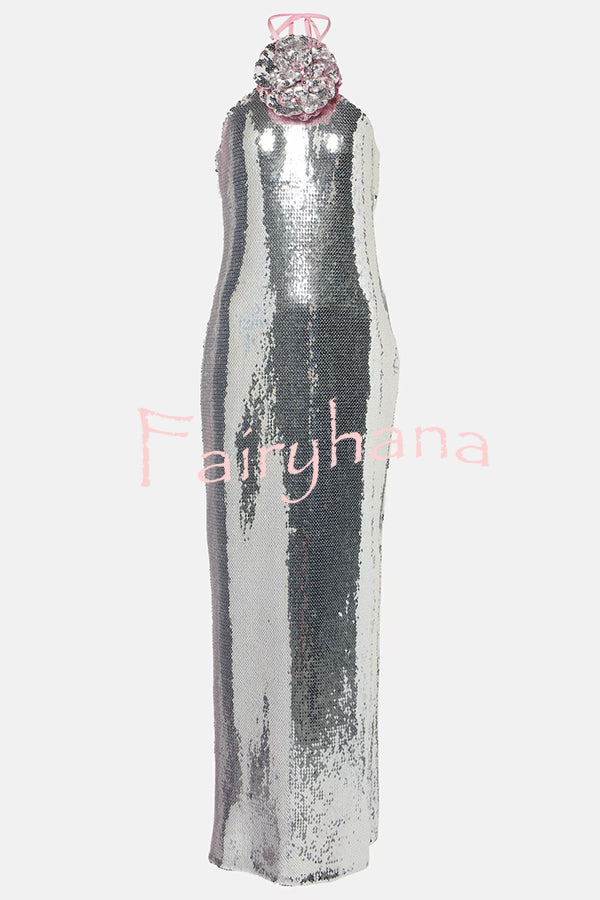 Moonlit Blooms Sequin Floral-appliqué Halter Neck Slit Gown Maxi Dress