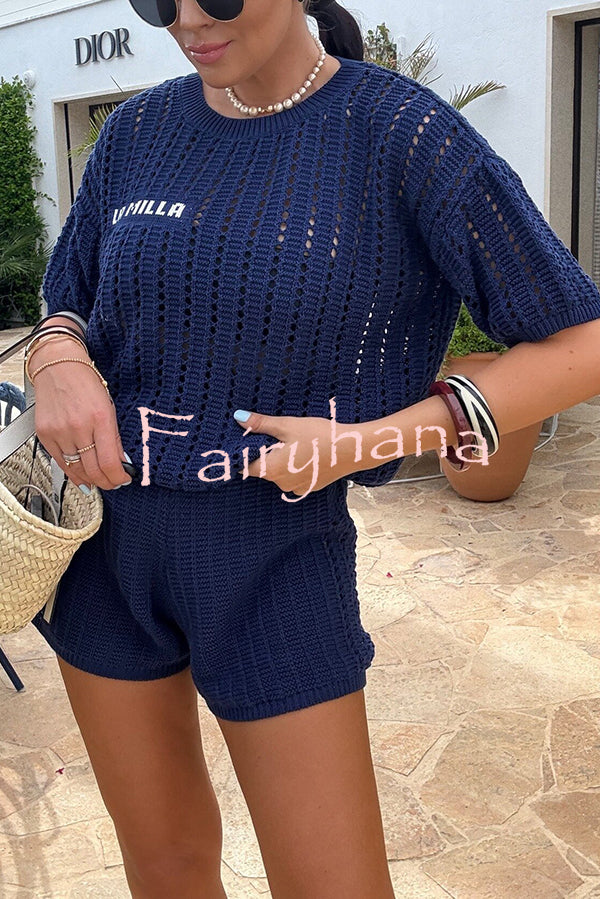 Fashionable Hollow Knit Short-sleeved Top and Elastic High-waist Casual Shorts Set
