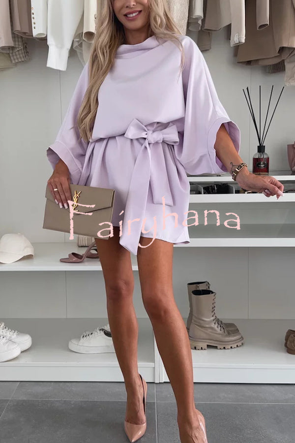 Solid Color Loose Round Neck Belted Mini Dress