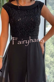 Officially Shining Crew-neck Sequin Textured-panel Tulle Cape Jumpsuit
